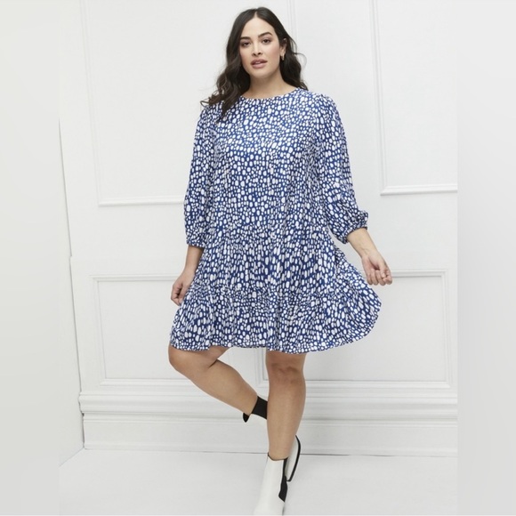 ELOQUll Elements Blue Mosaic Dot Print Tiered Dress 16 - Picture 1 of 9